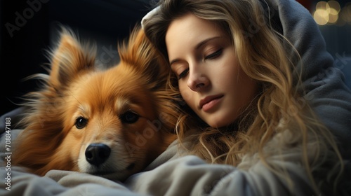 Young woman sleeping with her dog