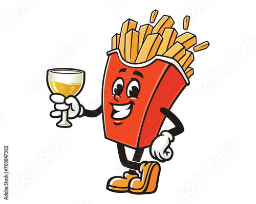 French fries with a glass of drink cartoon mascot illustration character vector clip art hand drawn