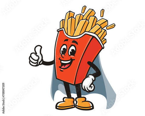 French fries with caped superhero style cartoon mascot illustration character vector clip art hand drawn