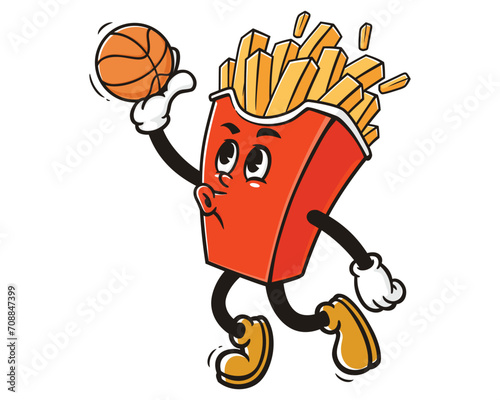 French fries playing basketball slam dunk cartoon mascot illustration character vector clip art hand drawn
