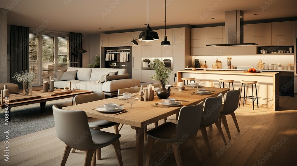 Modern home interior design. Living room with dinner table, kitchen furniture, chairs, decorations