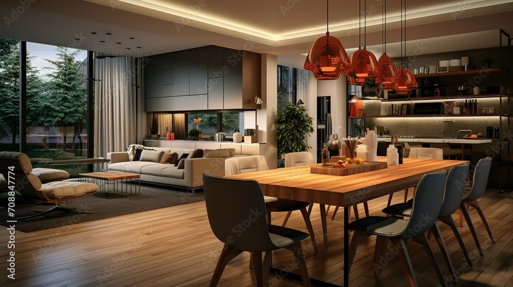 Modern home interior design. Living room with dinner table, kitchen furniture, chairs, decorations
