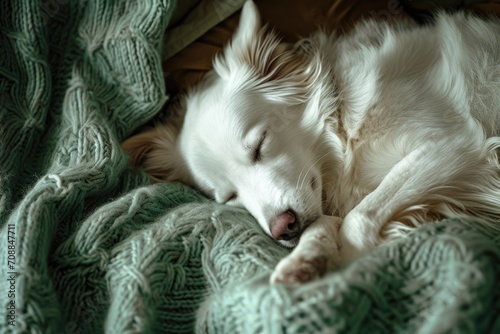 Japanese Spitz dog sleeping on the bed © banthita166