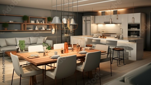 Modern home interior design. Living room with dinner table, kitchen furniture, chairs, decorations © Ahmad-Muslimin