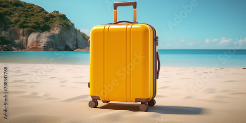 suitcase on the beach.Background Of A Beach Scene With A yellow  Suitcase © aamir