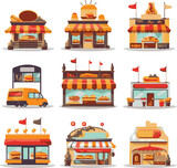A set of vector icons representing various types of restaurants, such as fine dining, fast food, cafes, and food trucks