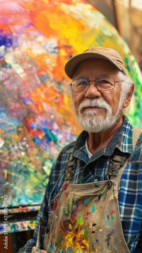 Elderly man creating art. Vertical background