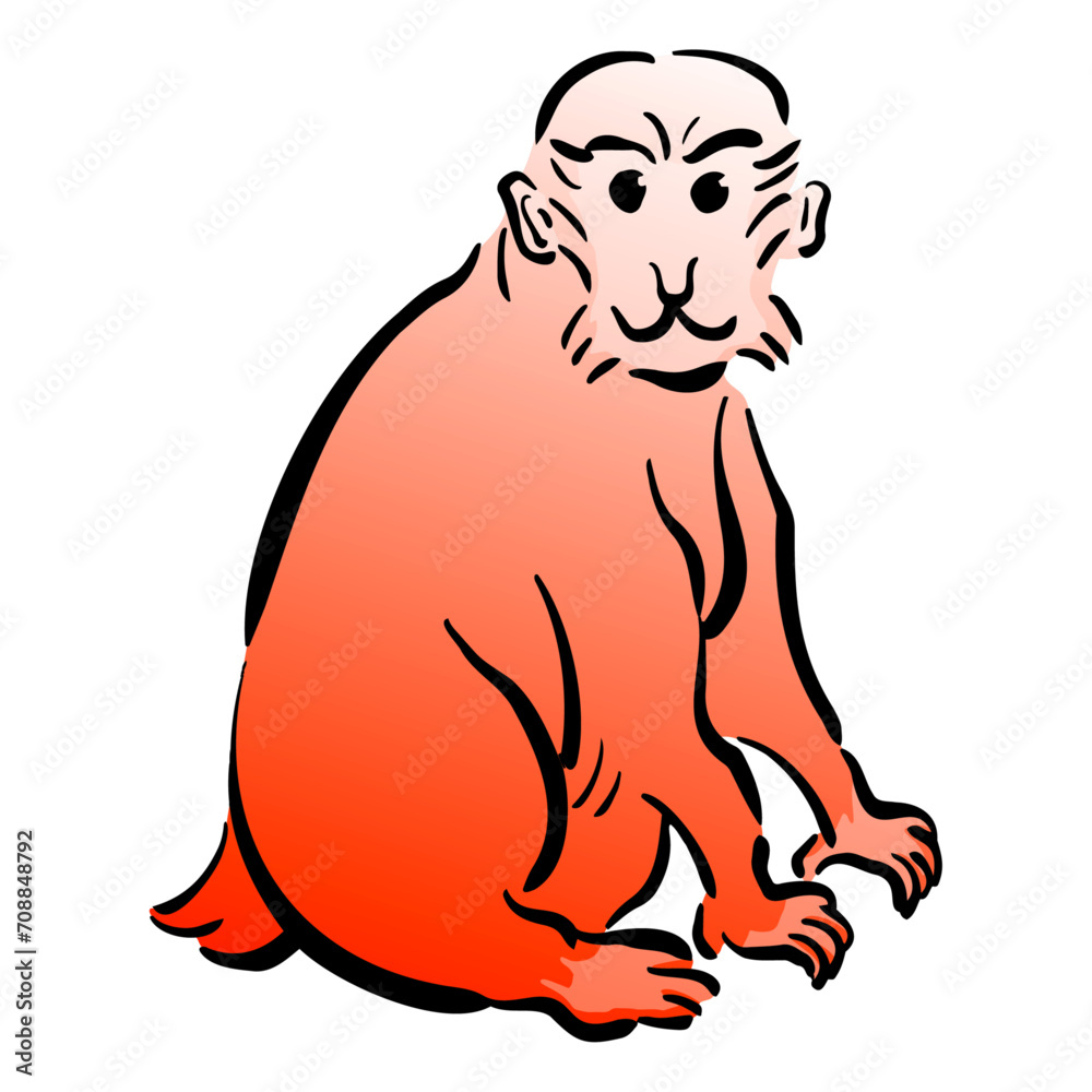 Obraz premium ニホンザルの和風ベクターイラスト（カラー）。
