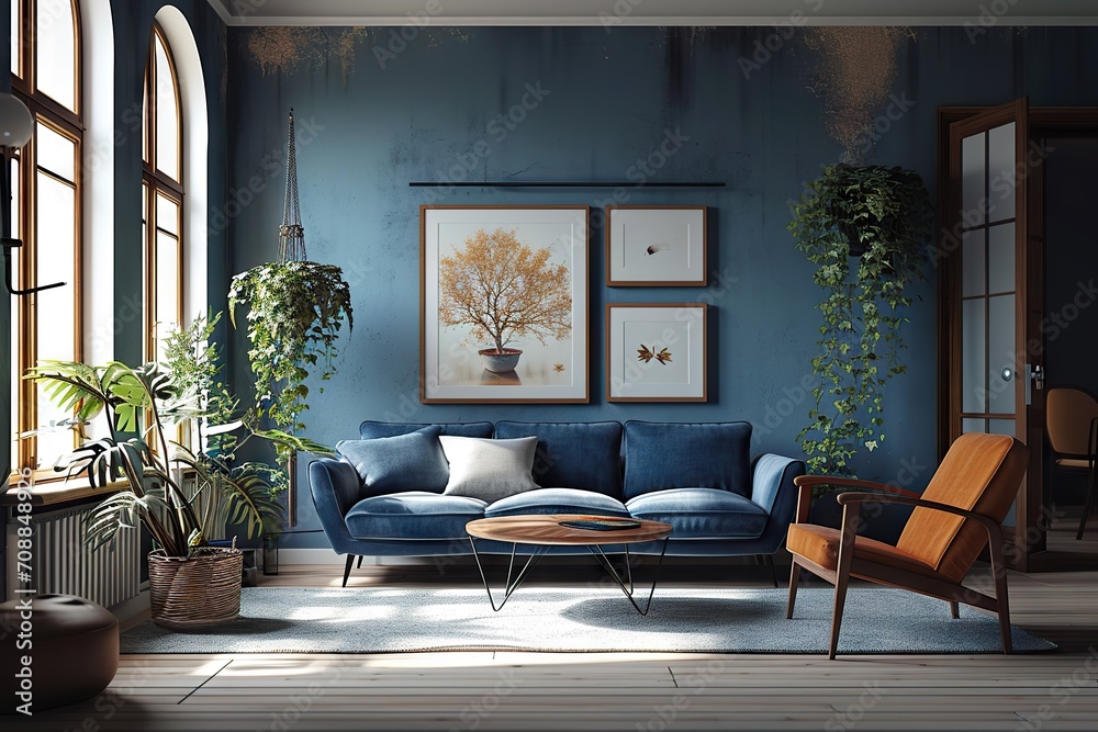 Fototapeta premium Scandinavian Serenity Dark Blue Sofa and Recliner Chair in Modern Living Room - Interior Design Elegance for a Tranquil Apartment Retreat. created with Generative AI