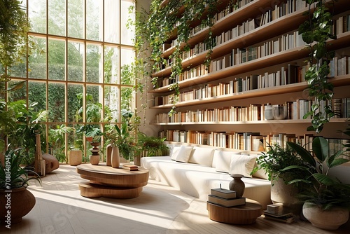 Nature's Embrace Biophilic Design Oasis with Indoor Plants, White Interiors, Light Wood Bookshelves, and Artfully Overturned Hardback Books. created with Generative AI