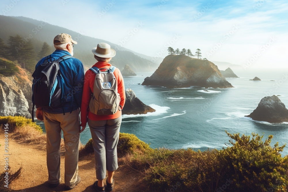An elderly couple is hiking along the coast of California An elderly couple is hiking along the coast of California