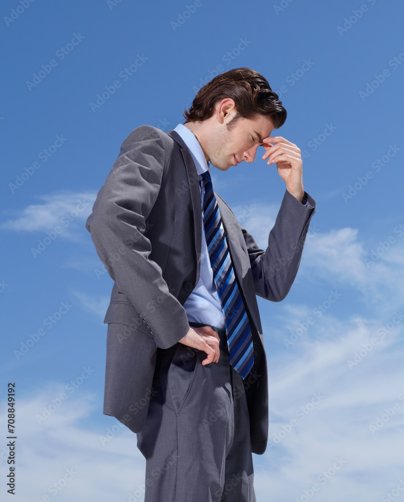 Businessman, face and headache for stress with job, career or occupation in corporate. Male person, manager or consultant with burnout, mistake or migraine with mental health for overtime with sky Businessman, face and headache for stress with job, career or occupation in corporate. Male person, manager or consultant with burnout, mistake or migraine with mental health for overtime with sky