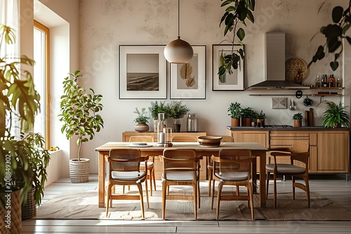 Chic Living and Dining Fusion Interior with Mock-Up Poster Frame  Stylish Table  Rattan Chair  and Wooden Kitchen Island - Home Decor Template. created with Generative AI