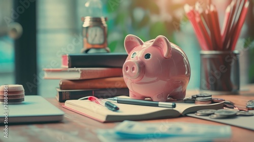 Piggy bank with business stuff, business and finance concept photo