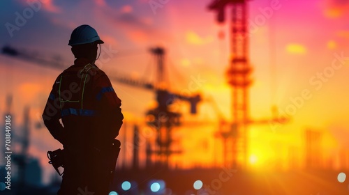 Silhouette engineer standing orders for construction crews to work on high ground heavy industry