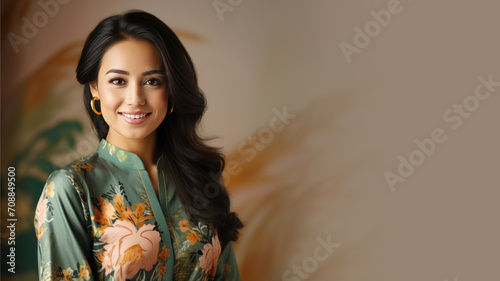 Malay woman in batik dress smiling isolated on pastel background photo