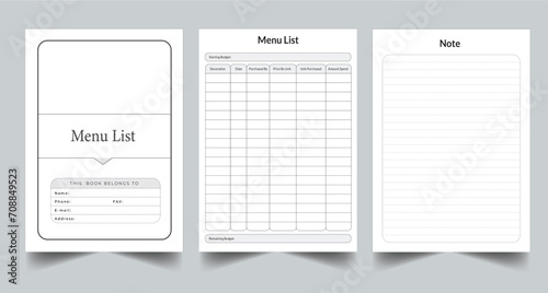 Editable Menu List Planner Kdp Interior printable template Design. photo