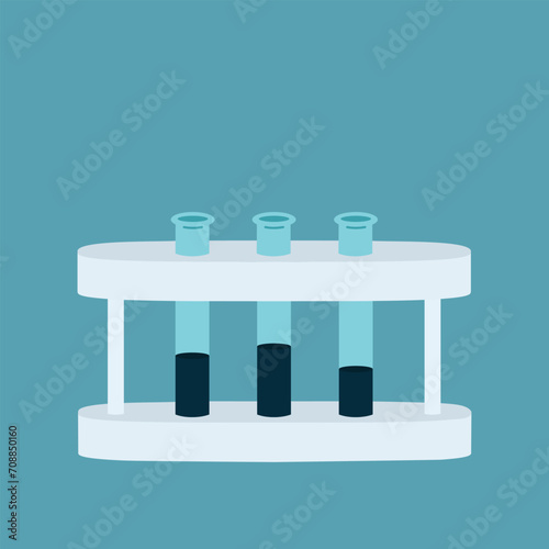Test tube stand with beakers filled liquid on blue background. Flat icon. Vector illustration