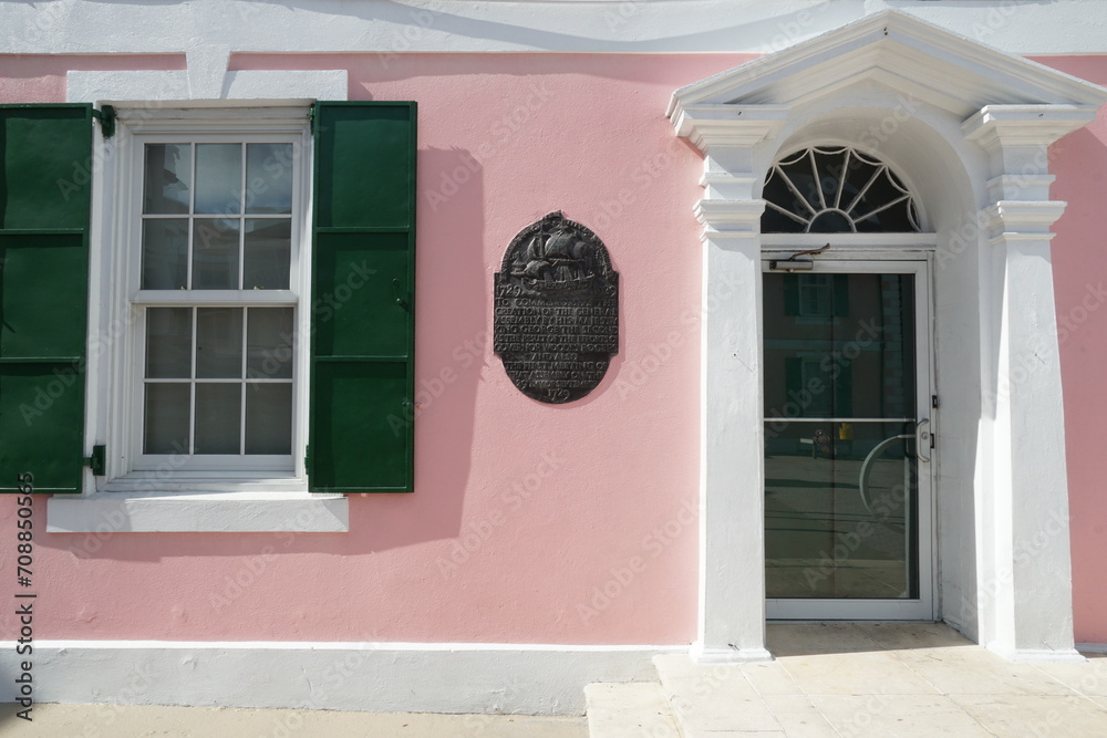 Nassau, Bahamas 12 03 2023 Commemorative plaque on the pink building