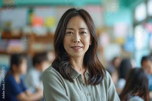 Portrait of a beautiful adult Asian school teacher. Ai generative