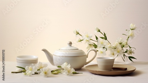 a teapot and cup arrangement becomes a visual delight on a clean white surface, the photo showcasing the refined elegance of tea culture.