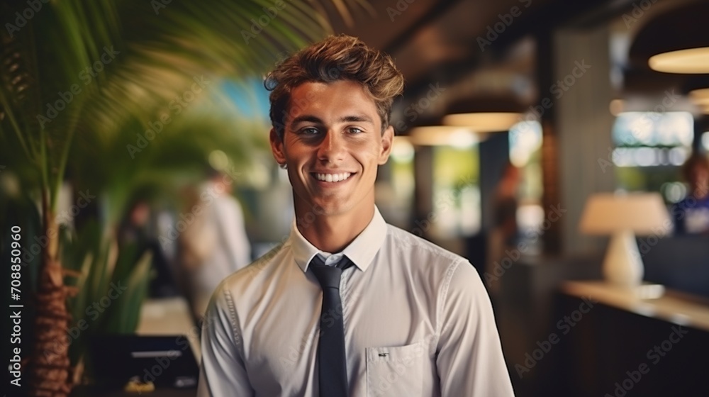 Young male hotel employee smiling at the camera, Young male hotel employee smiling at the camera,