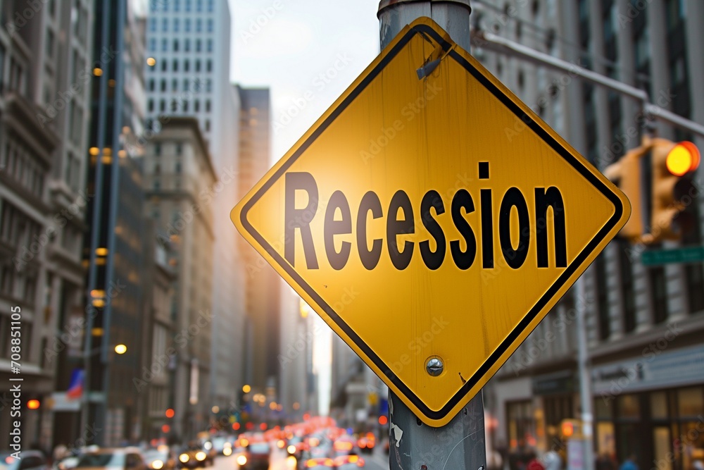 Obraz premium Street Sign that says Recession in Urban Setting