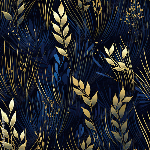 Midnight Flora: Luxurious Grass Pattern with Golden Foil Accents