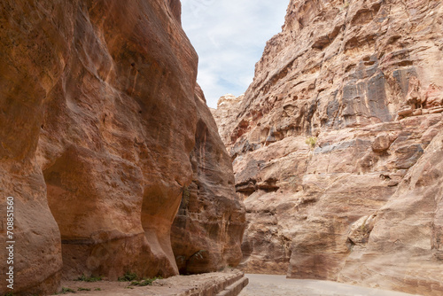 Tourist route at beginning of gorge Al Siq in Petra in Wadi Musa city in Jordan