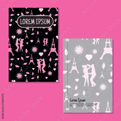 Cover page templates. Valentine's Day pattern layouts. Applicable for notebooks and journals, planners, brochures, books, catalogs etc. Repeat patterns and masks used, able to resize.