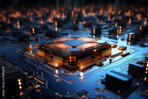 Futuristic microchip with orange lights on a futuristic computer motherboard