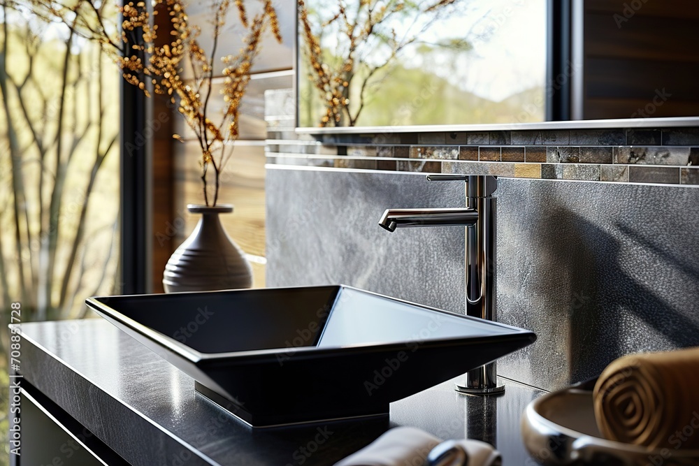 Sleek Sophistication Close-Up of Black Ceramic Rectangle Vessel Sink, Chrome Faucet, and Vanity in Minimalist Modern Bathroom Design. created with Generative AI