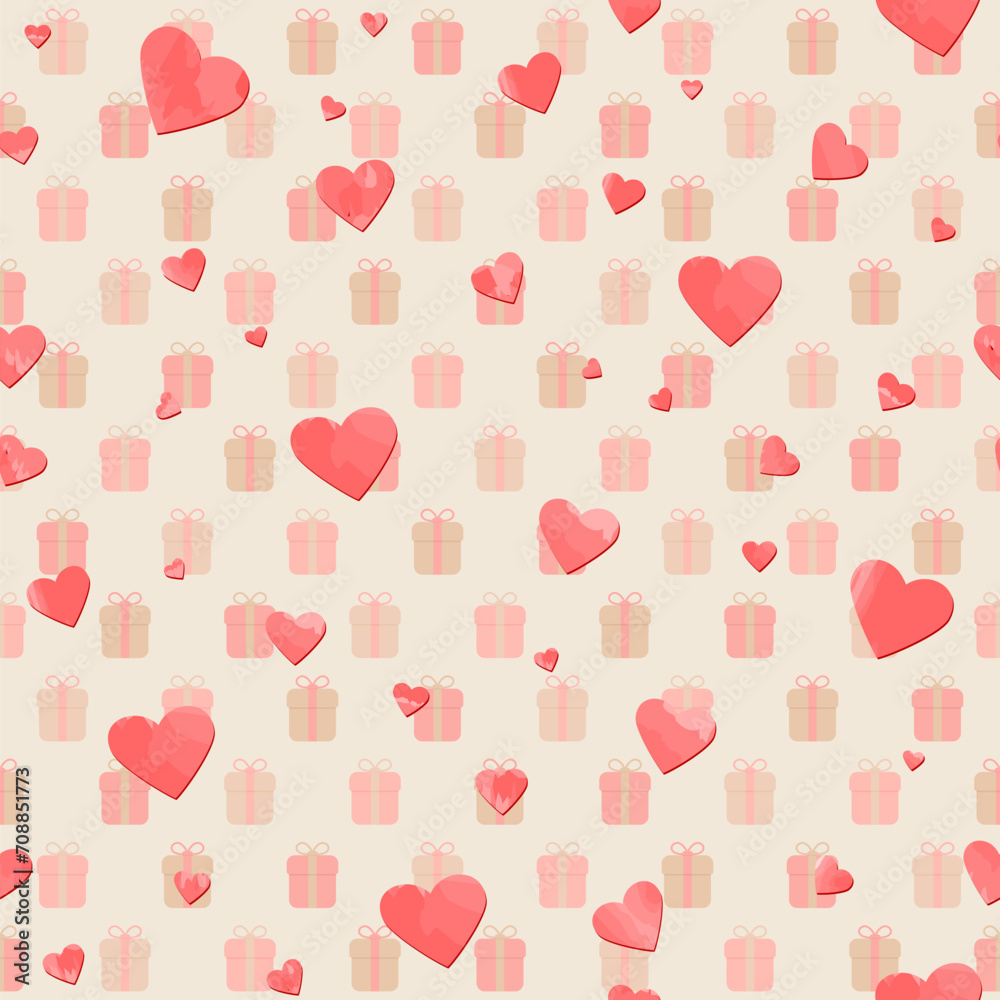 holiday gifts and hearts. valentine repetitive background. vector seamless pattern. vanilla fabric swatch. wrapping paper. continuous design element