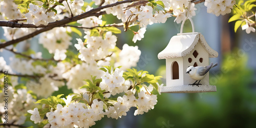 Little birds wooden house in Spring with blossom cherry with blurred background