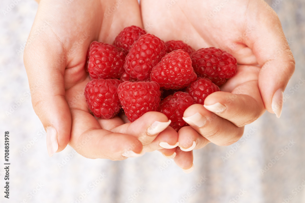 Hands, woman and holding raspberry fruits for detox, vegan diet and eco nutrition of healthy ingredients. Closeup of red berries, organic food and sustainable benefits of vitamin c, wellness and care