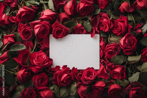 Blank Card Surrounded by Red Roses for a romantic message.