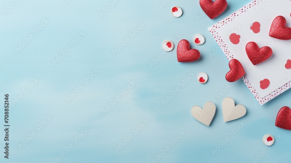 Charming Flat Lay Mock Up with Lovely Cupid Pins, Red and White Hearts Envelope on Pastel Blue Table Backdrop - Perfect for Valentine's Day and Romantic Celebrations. Creative Concept for Trendy