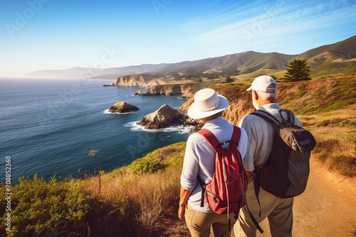 An elderly couple is hiking along the coast of Big Sur, California