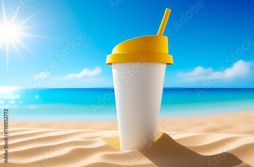 White paper or plastic cup with covering and straw with empty blank on sand