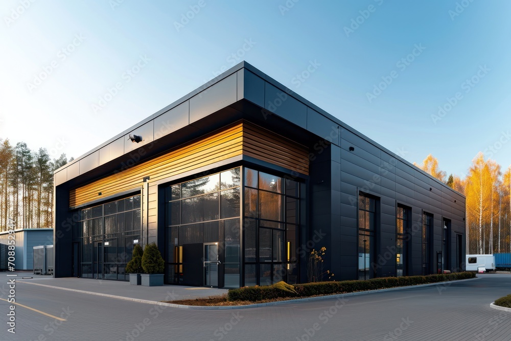 Exterior of a modern warehouse with a small office. Ai generative - obrazy, fototapety, plakaty 
