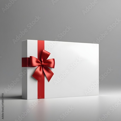 Happy Valentine's Day Blank white gift card with red ribbon bow isolated on grey background with shadow minimal conceptual 3D rendering