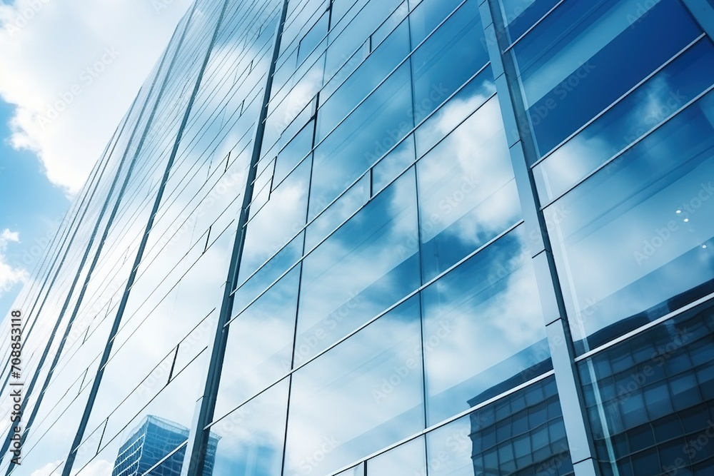 Blue glass skyscraper reflecting clouds