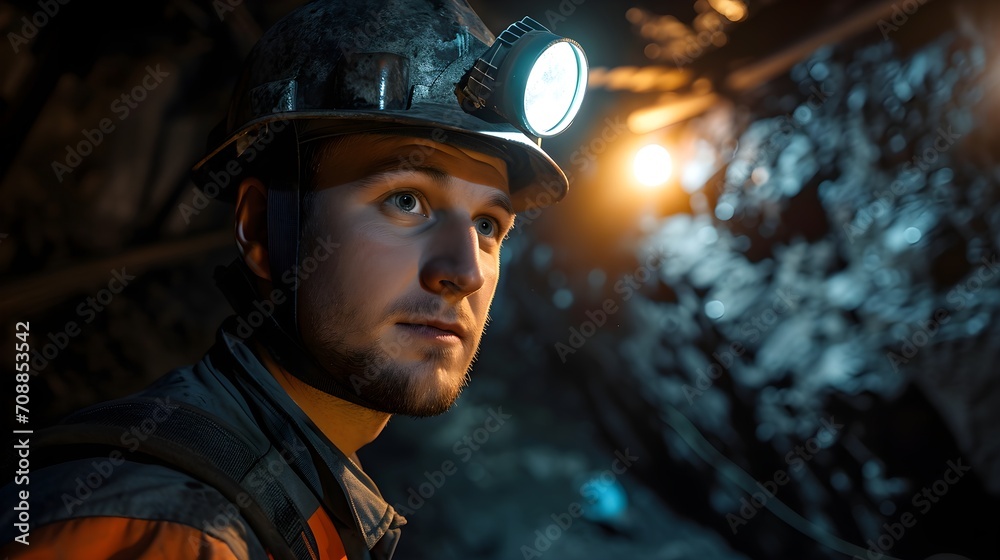 A thoughtful miner with a lit headlamp looks off into the distance, contemplating the vast and challenging work environment of the mine. - obrazy, fototapety, plakaty 
