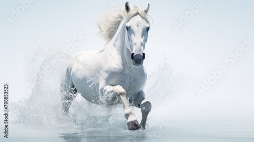 An ethereal snapshot of a white horse immersed in crystal-clear water  the high-quality photograph against a bright white backdrop conveying a sense of purity and freedom in the natural environment.