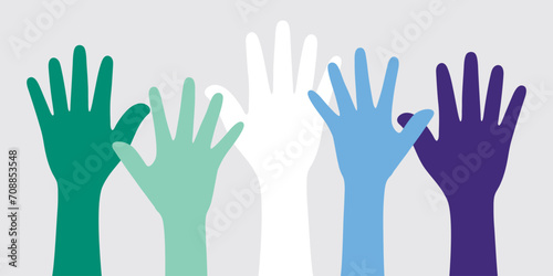 Silhouette of green, white, blue and purple colored hands as the colors of the gay man flag. Flat design illustration.	
