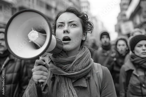A woman shouting through megaphone on a workers crowd documentary black and white. Ai generative © Planum