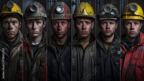 A group portrait of miners with soot-covered faces, wearing yellow and red hard hats with headlamps. © Cassova