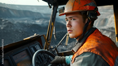 A close-up of a miner at the wheel of a large industrial mining truck, wearing an orange hard hat.