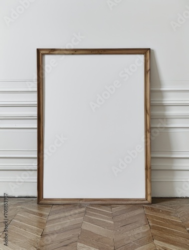 large blank wooden picture frame leaning against a white wall - poster/art design mockup template