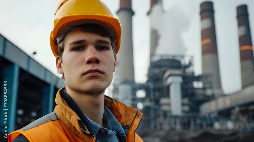 A young worker wearing an orange safety helmet and vest stands at an industrial site with tall smokestacks. A young worker wearing an orange safety helmet and vest stands at an industrial site with tall smokestacks.